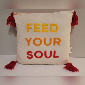 Feed Your Soul Pillow 16x16 With Tassles Velvet Feel Be Rooted Off White